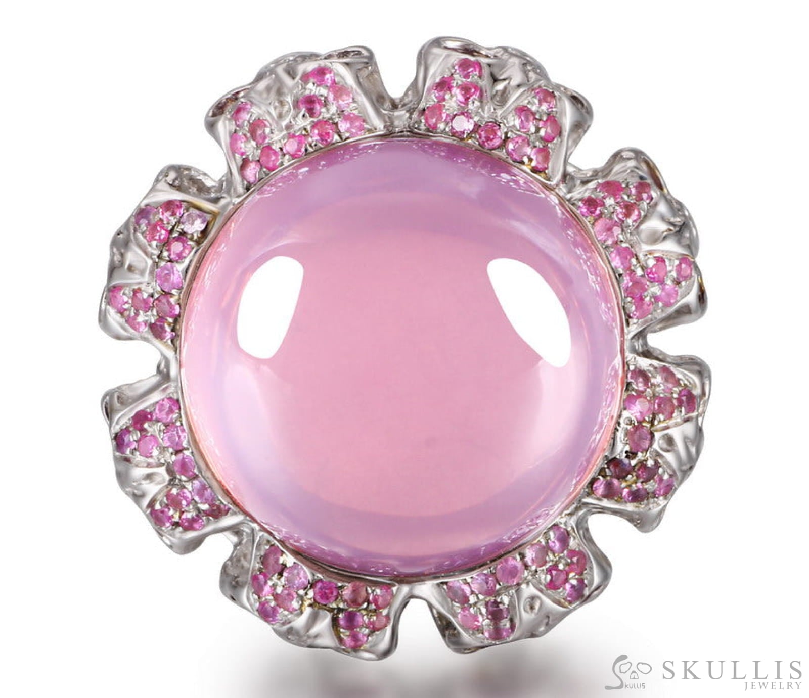 Circle of Fate - Gem Skull Ring of Round Cut Rose Quartz Carved with Skull Ruby Skulls in 925 Sterling Silver - Skull