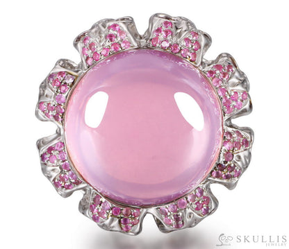 Circle of Fate - Gem Skull Ring of Round Cut Rose Quartz Carved with Skull Ruby Skulls in 925 Sterling Silver - Skull