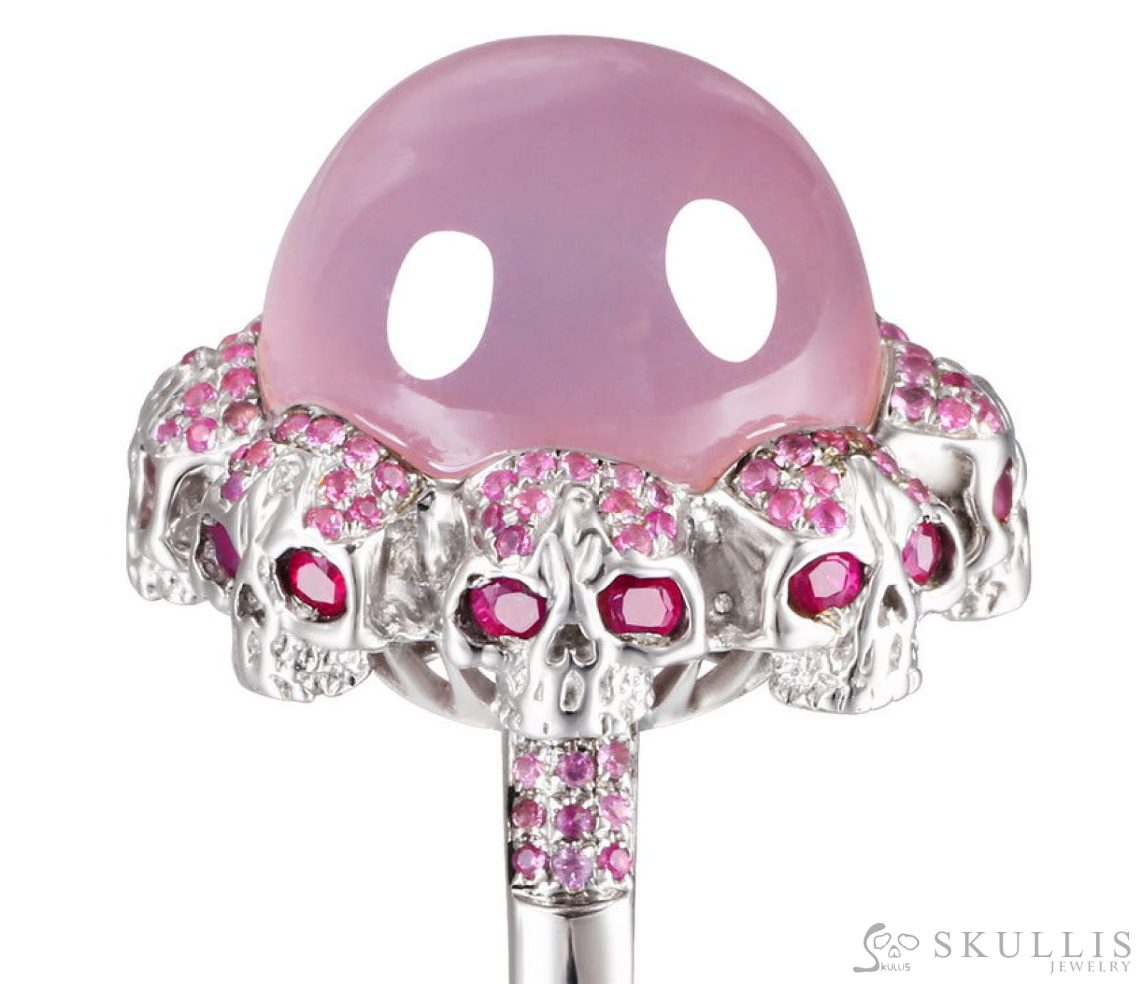 Circle of Fate - Gem Skull Ring of Round Cut Rose Quartz Carved with Skull Ruby Skulls in 925 Sterling Silver - Skull