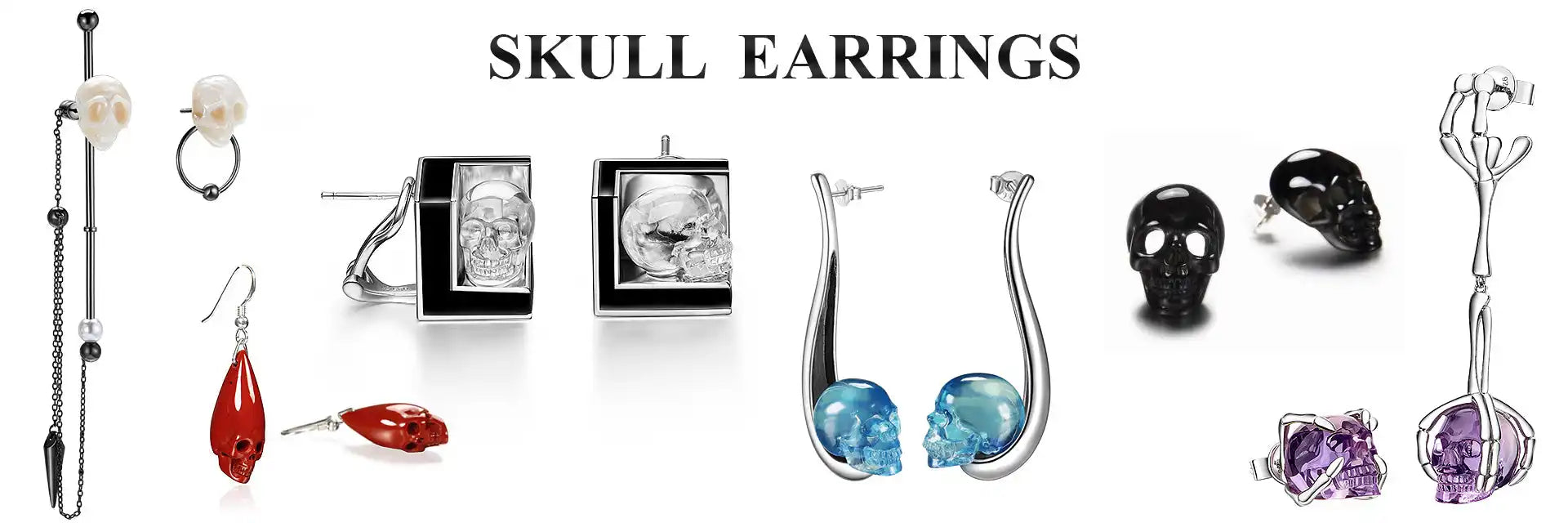 A collection of skull-themed earrings in various styles and materials.