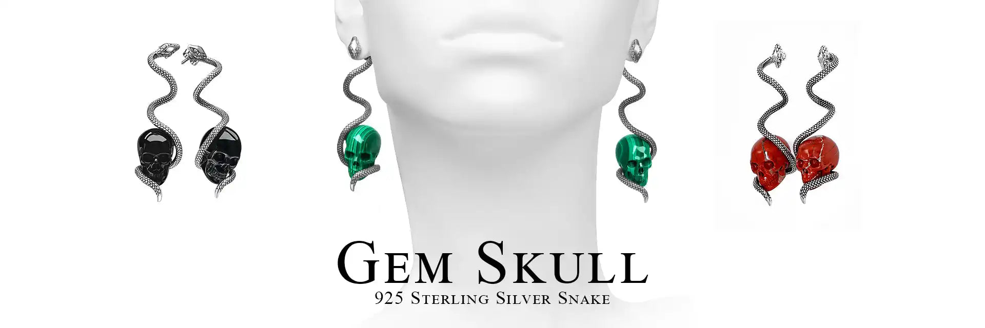 A collection of snake and skull dangle earrings in various colors.