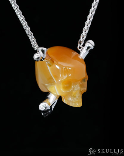 Gem Skull Pendant Necklace of Agate Carved Skull with 925 Sterling Silver-9500198 Skull Pendants