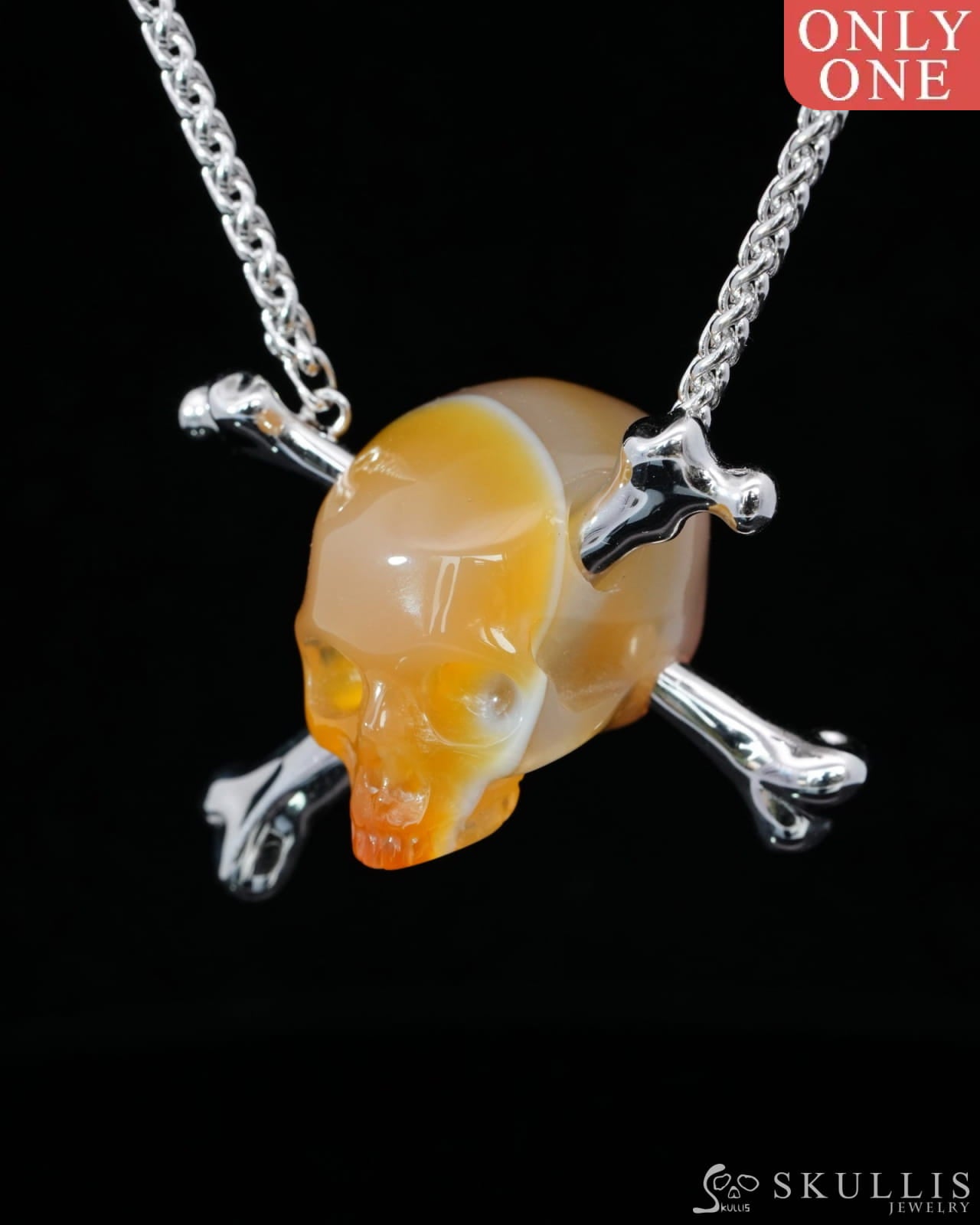 Gem Skull Pendant Necklace of Agate Carved Skull with 925 Sterling Silver-9500199 Skull Pendants