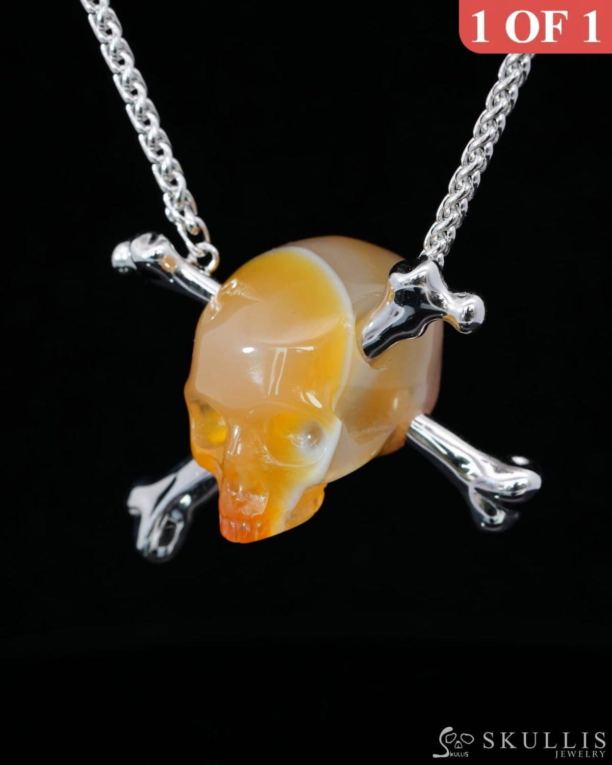 Gem Skull Pendant Necklace of Agate Carved Skull with 925 Sterling Silver-9500199 Skull Pendants