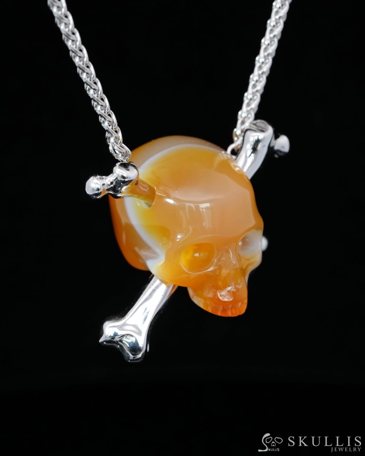 Gem Skull Pendant Necklace of Agate Carved Skull with 925 Sterling Silver-9500199 Skull Pendants