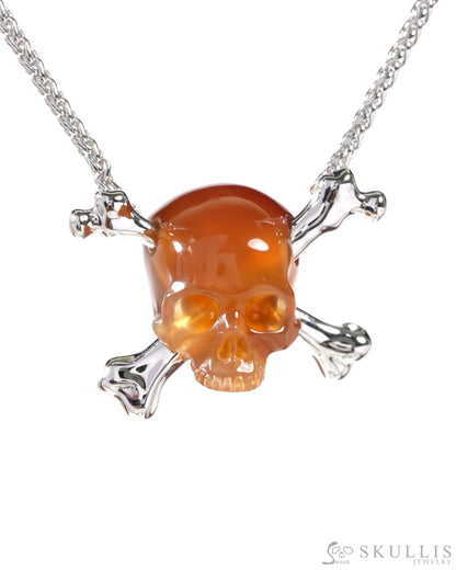 Gem Skull Pendant Necklace of Carnelian Carved Skull with 925 Sterling Silver-9500324 Skull Pendants