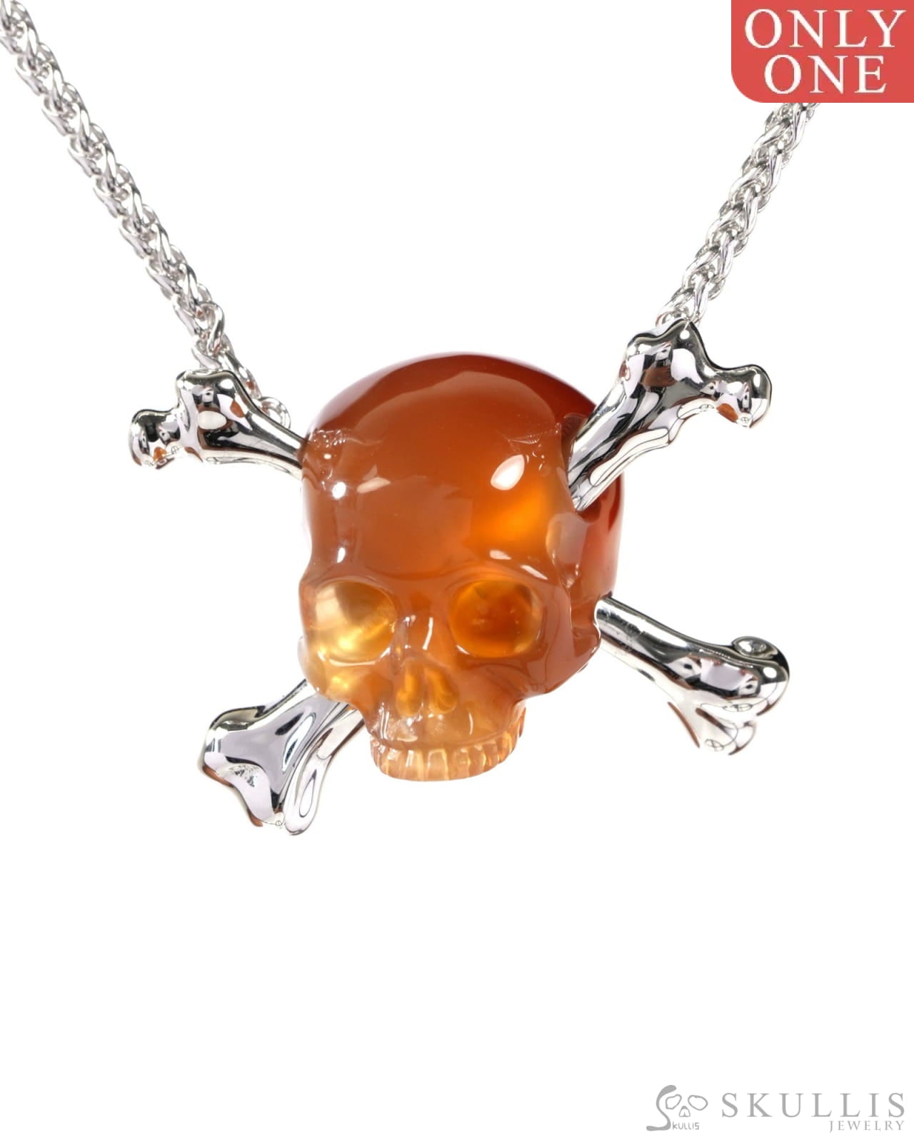 Gem Skull Pendant Necklace of Carnelian Carved Skull with 925 Sterling Silver-9500324 Skull Pendants