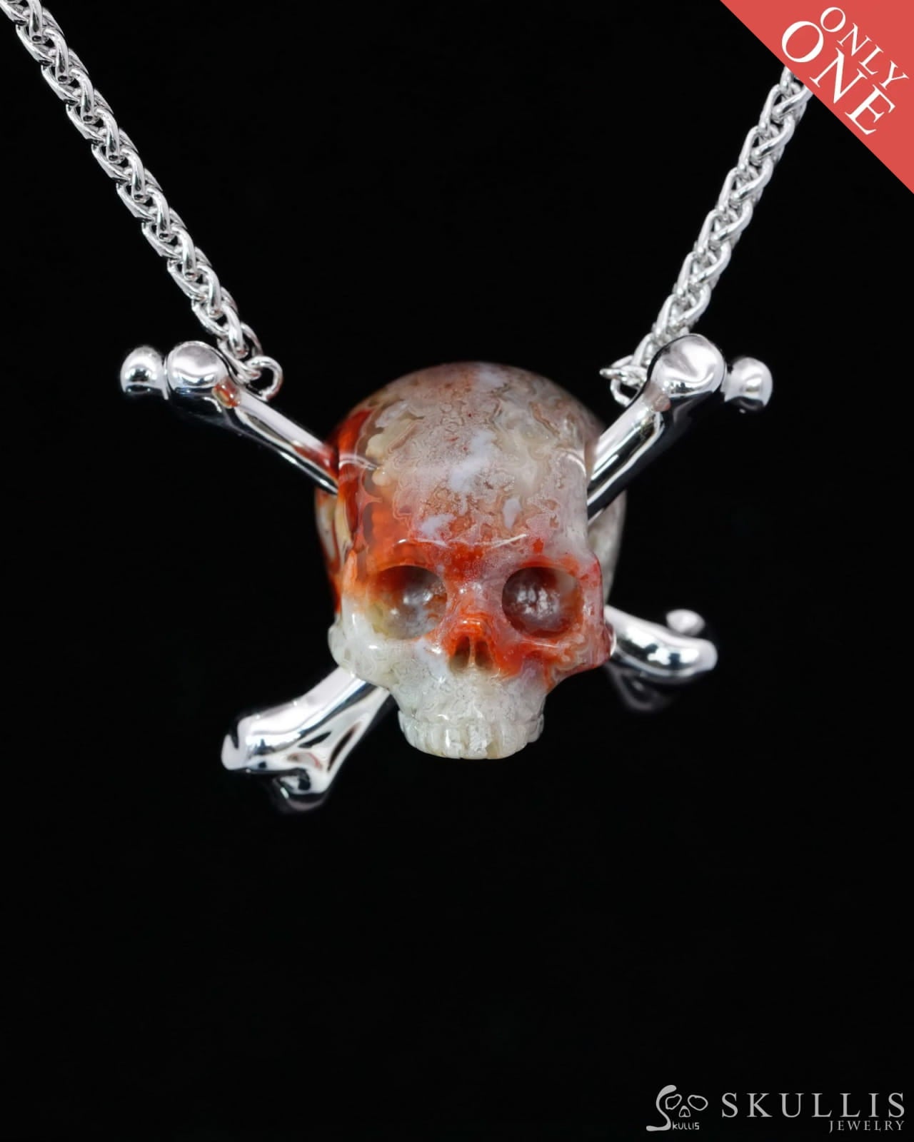 Gem Skull Pendant Necklace of Red Crazy Lace Agate Carved Moon Skull with 925 Sterling Silver-9500200 Skull Pendants