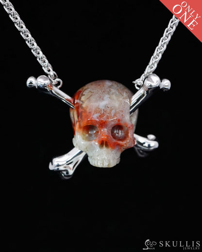 Gem Skull Pendant Necklace of Red Crazy Lace Agate Carved Moon Skull with 925 Sterling Silver-9500200 Skull Pendants