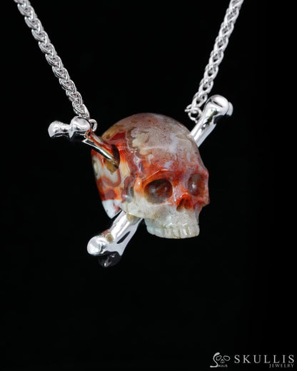 Gem Skull Pendant Necklace of Red Crazy Lace Agate Carved Moon Skull with 925 Sterling Silver-9500200 Skull Pendants