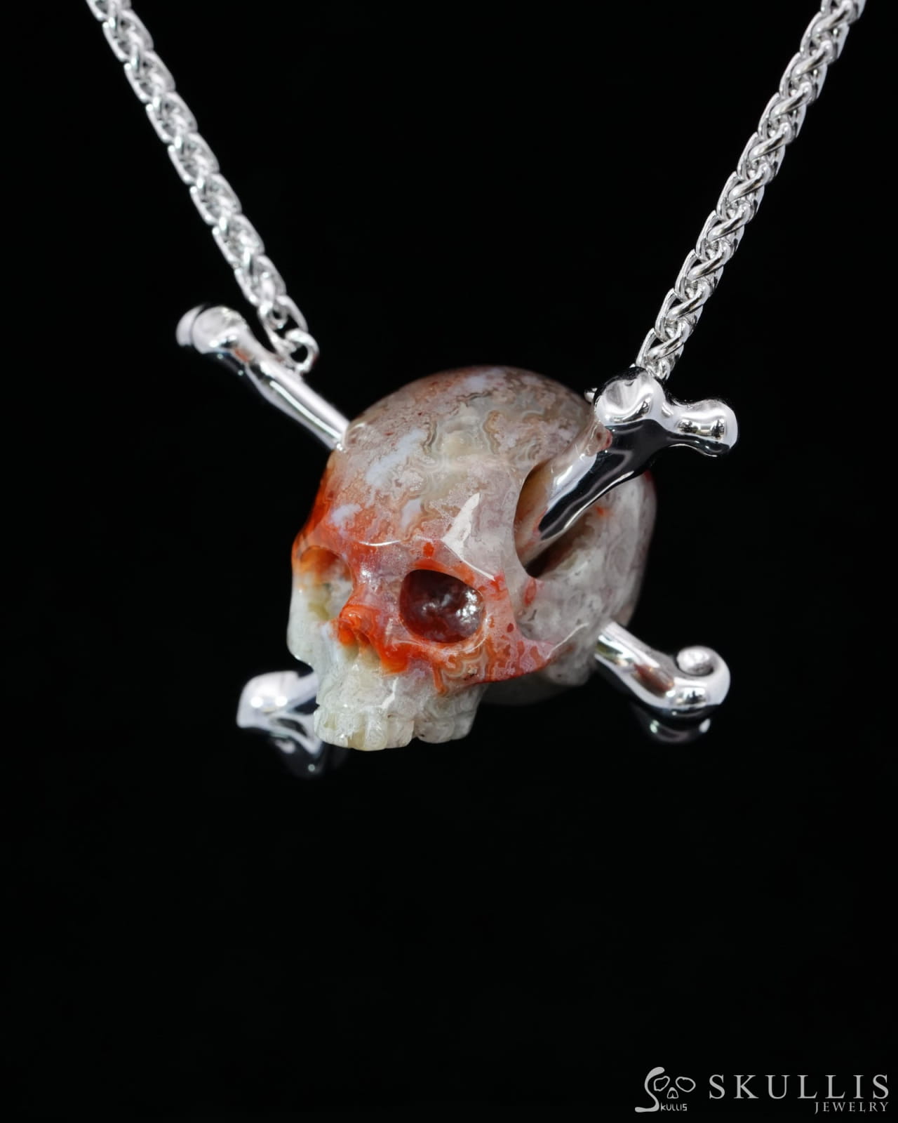 Gem Skull Pendant Necklace of Red Crazy Lace Agate Carved Moon Skull with 925 Sterling Silver-9500200 Skull Pendants