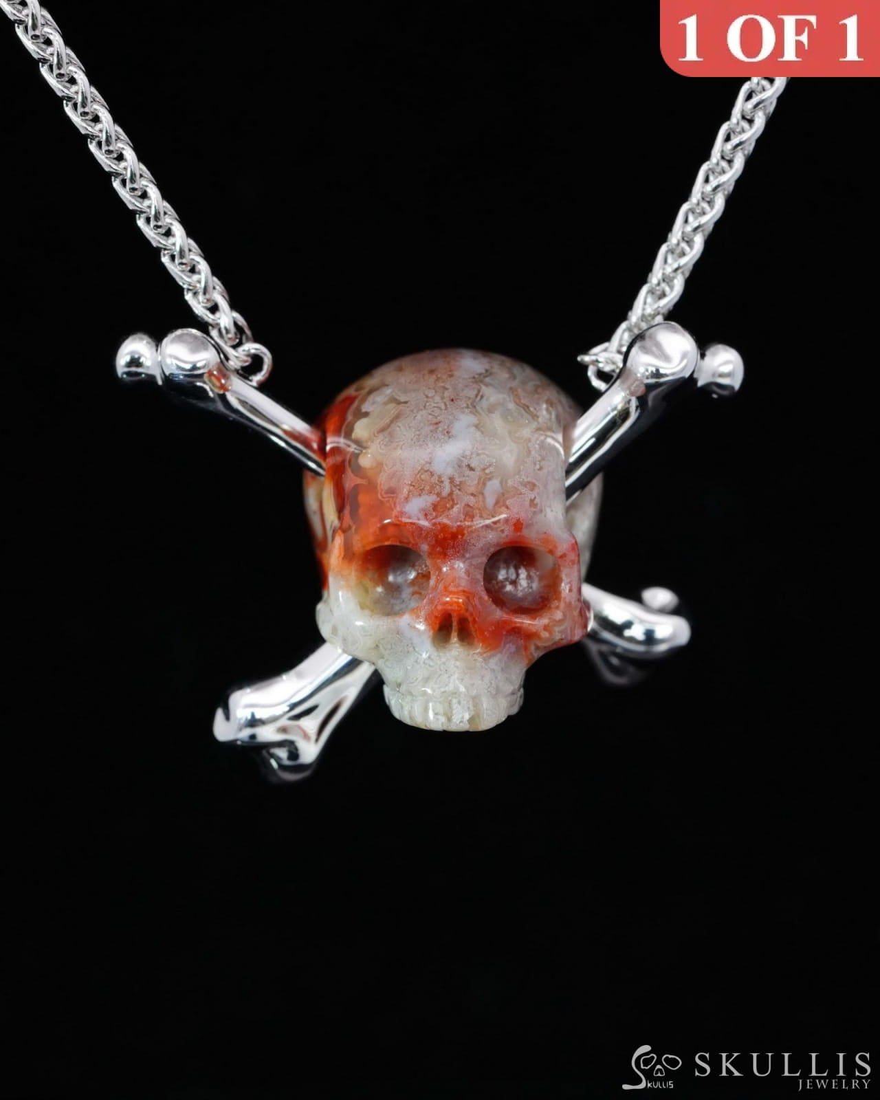 Gem Skull Pendant Necklace of Red Crazy Lace Agate Carved Moon Skull with 925 Sterling Silver-9500200 Skull Pendants