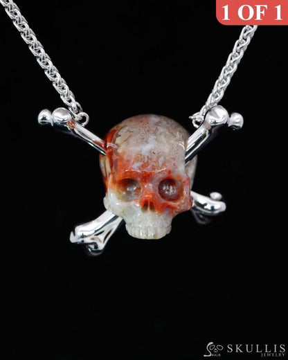 Gem Skull Pendant Necklace of Red Crazy Lace Agate Carved Moon Skull with 925 Sterling Silver-9500200 Skull Pendants