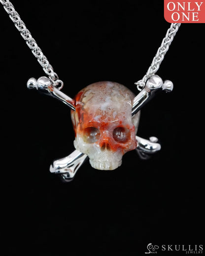 Gem Skull Pendant Necklace of Red Crazy Lace Agate Carved Moon Skull with 925 Sterling Silver-9500200 Skull Pendants