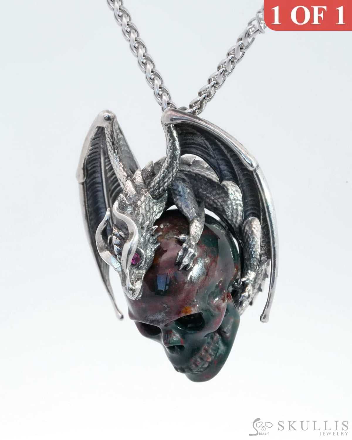 Gem Skull Pendant Necklace Of Bloodstone Carved With Ruby-Eye Dragon In Blackened Sterling Silver -