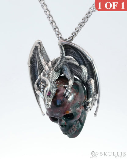 Gem Skull Pendant Necklace Of Bloodstone Carved With Ruby-Eye Dragon In Blackened Sterling Silver -
