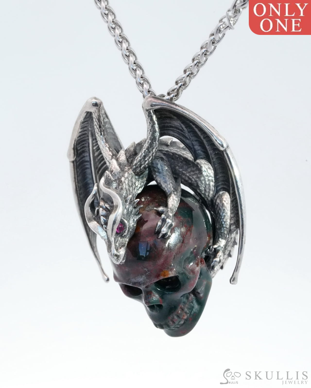 Gem Skull Pendant Necklace Of Bloodstone Carved With Ruby-Eye Dragon In Blackened Sterling Silver -