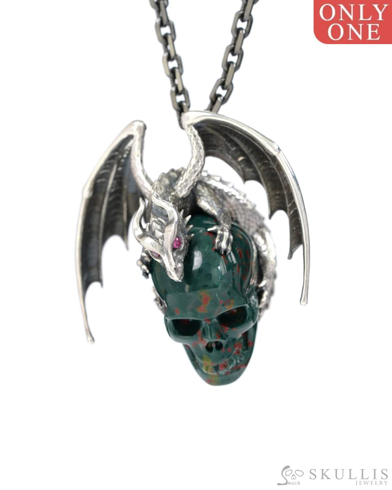 Gem Skull Pendant Necklace of Bloodstone Carved Skull with Ruby-Eye Dragon in Blackened Sterling Silver - 9500269 Skull