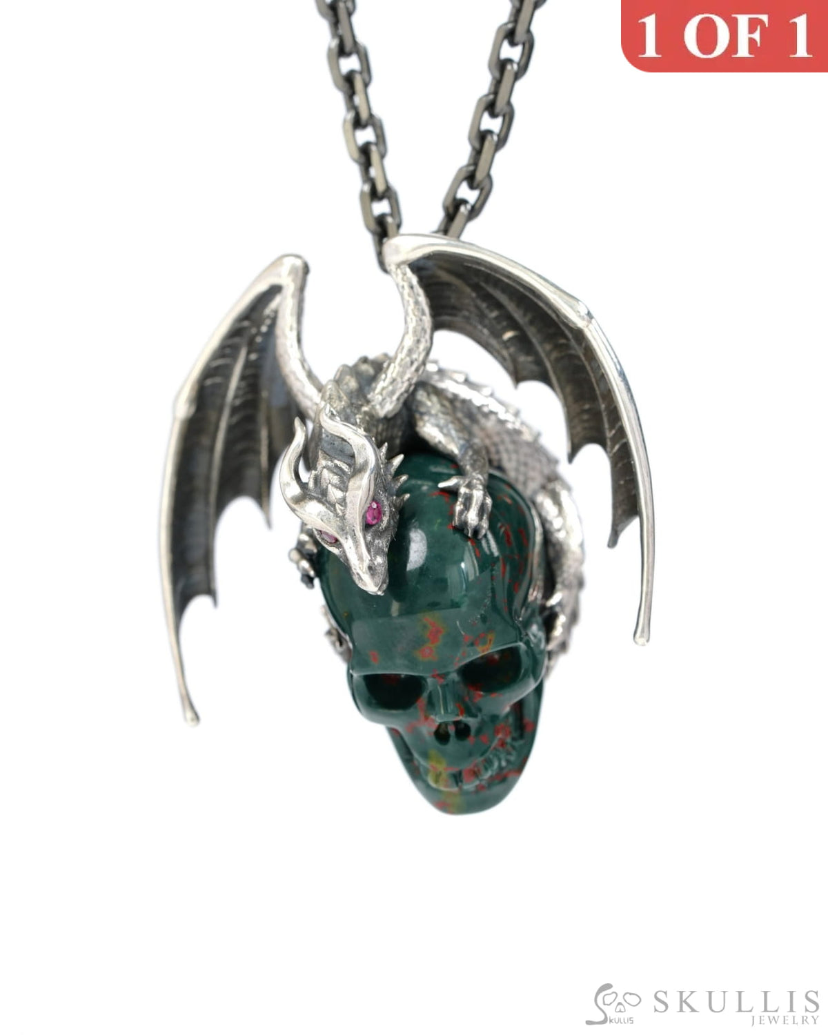 Gem Skull Pendant Necklace of Bloodstone Carved Skull with Ruby-Eye Dragon in Blackened Sterling Silver - 9500269 Skull