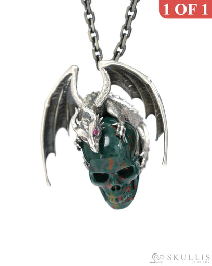 Gem Skull Pendant Necklace of Bloodstone Carved Skull with Ruby-Eye Dragon in Blackened Sterling Silver - 9500269 Skull