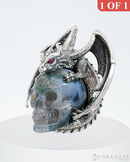 Gem Skull Pendant Necklace Of Green Moss Agate Carved Skull With Ruby-Eye Dragon In 925