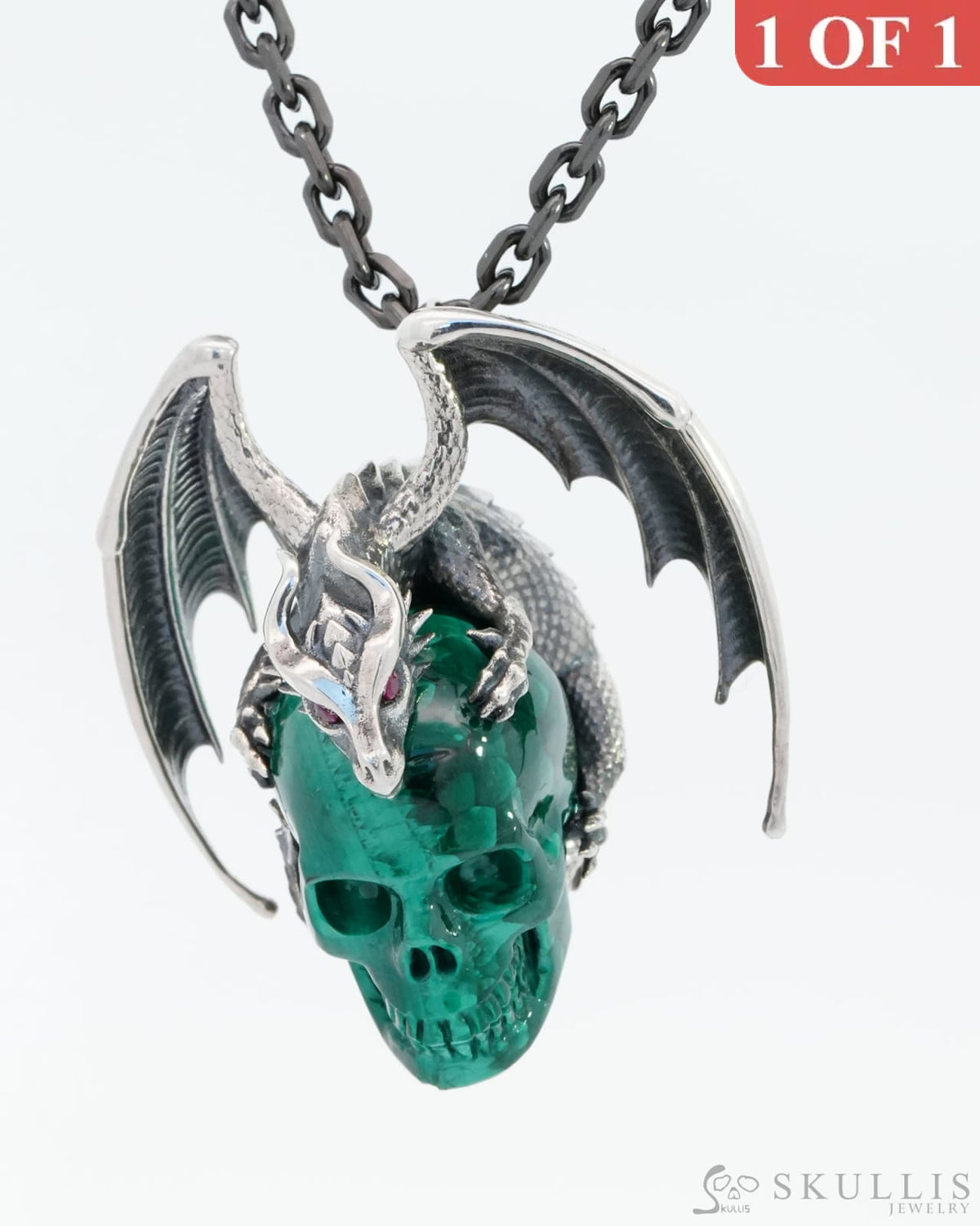 Gem Skull Pendant Necklace Of Malachite Carved Skull With Ruby-Eye Dragon In 925 Sterling