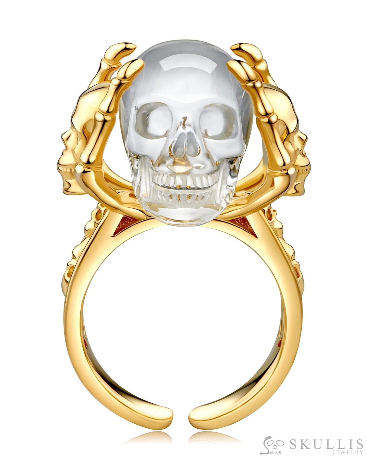 Gem Skull Ring of Quartz Rock Crystal Carved Skull in 18k Gold Plate Silver Skull Rings