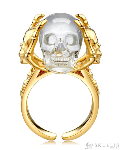 Gem Skull Ring of Quartz Rock Crystal Carved Skull in 18k Gold Plate Silver Skull Rings