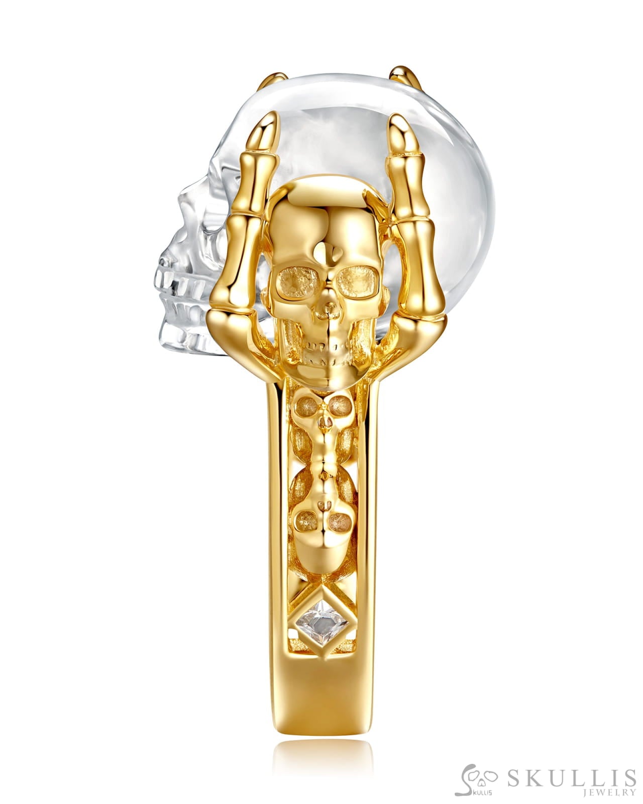 Gem Skull Ring of Quartz Rock Crystal Carved Skull in 18k Gold Plate Silver Skull Rings