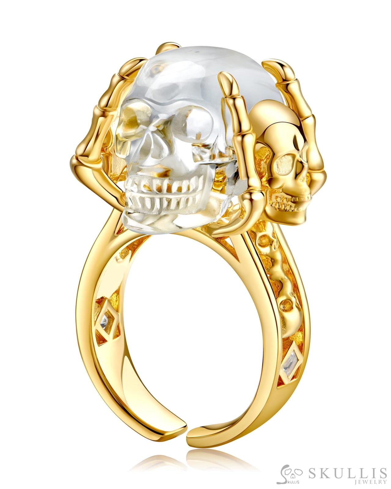 Gem Skull Ring of Quartz Rock Crystal Carved Skull in 18k Gold Plate Silver Skull Rings