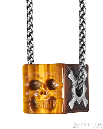 Gem Skull Pendant Necklace of Gold Tiger’s Eye Carved Cube with Four Skull Faces in 925 Sterling Silver Skull Pendants