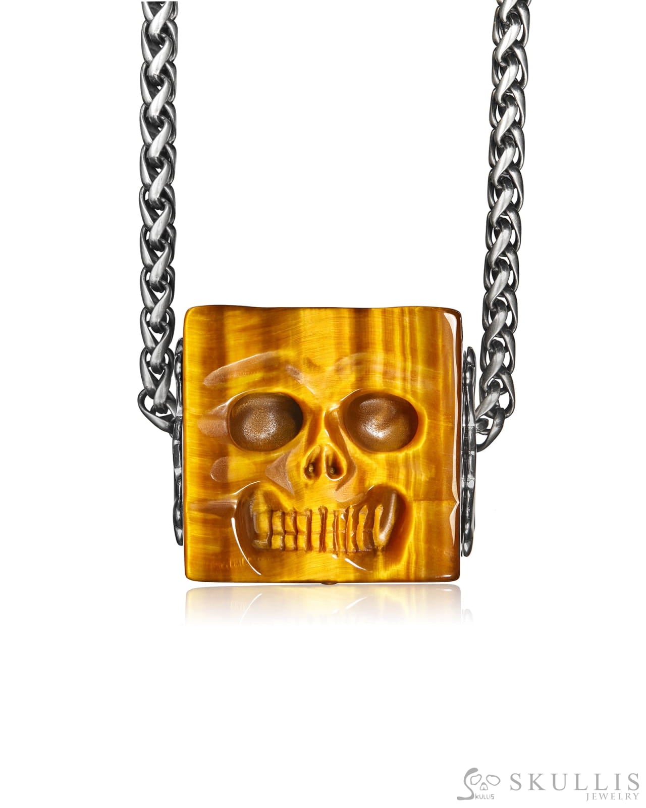 Gem Skull Pendant Necklace of Gold Tiger’s Eye Carved Cube with Four Skull Faces in 925 Sterling Silver Skull Pendants