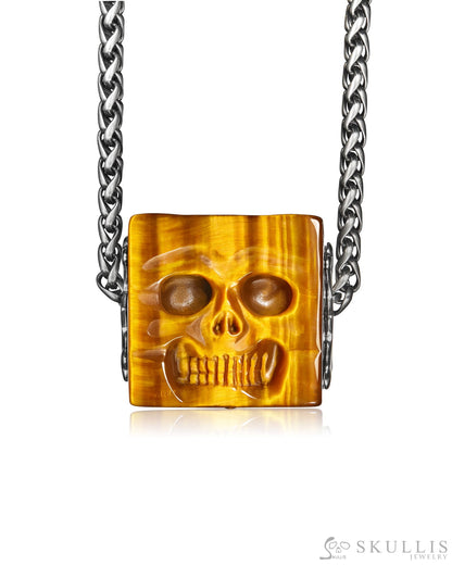 Gem Skull Pendant Necklace of Gold Tiger’s Eye Carved Cube with Four Skull Faces in 925 Sterling Silver Skull Pendants