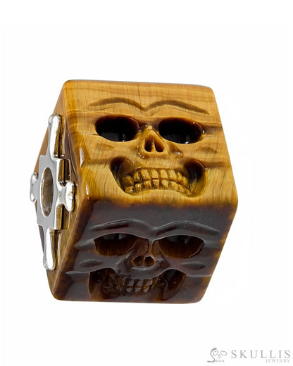 Gem Skull Pendant Necklace of Gold Tiger’s Eye Carved Cube with Four Skull Faces in 925 Sterling Silver Skull Pendants