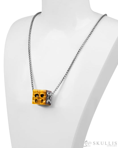 Gem Skull Pendant Necklace of Gold Tiger’s Eye Carved Cube with Four Skull Faces in 925 Sterling Silver Skull Pendants
