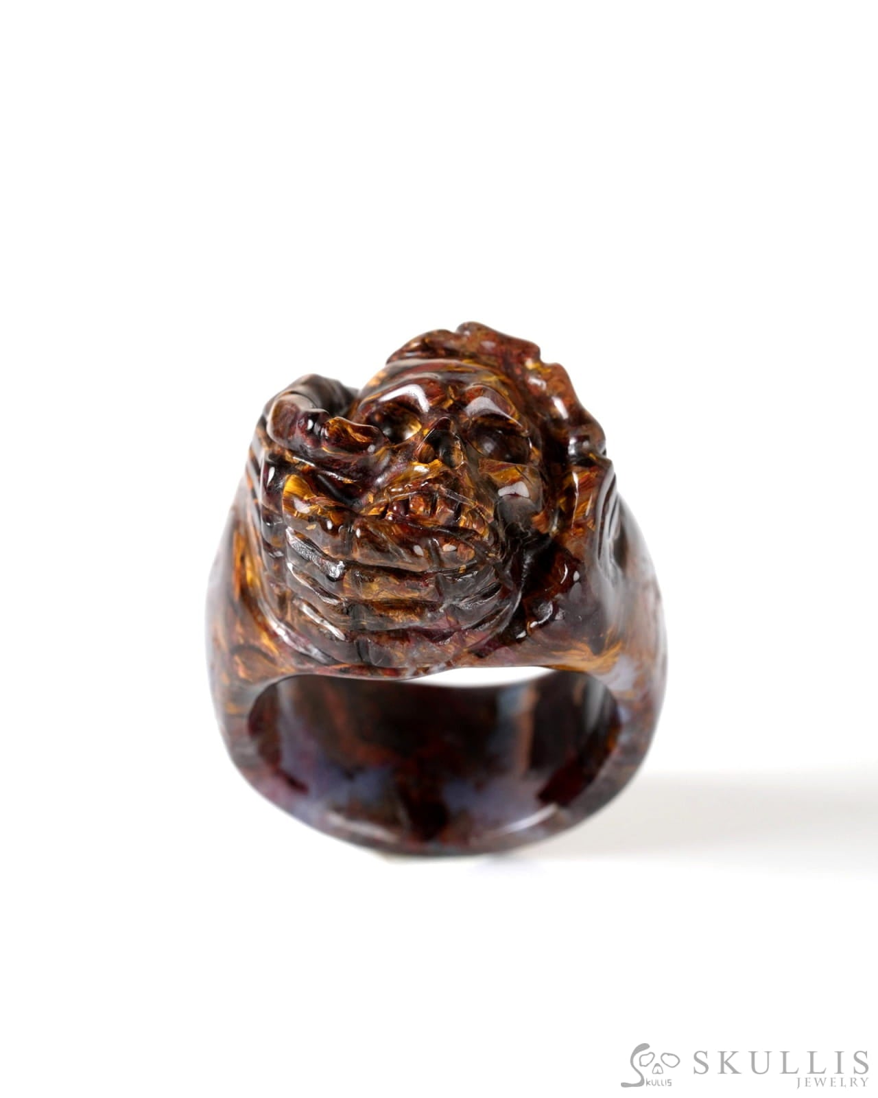 Gem Skull Ring of Pietersite Carved Skeletal Hands Skull US size 8 - 9800277 Skull Rings
