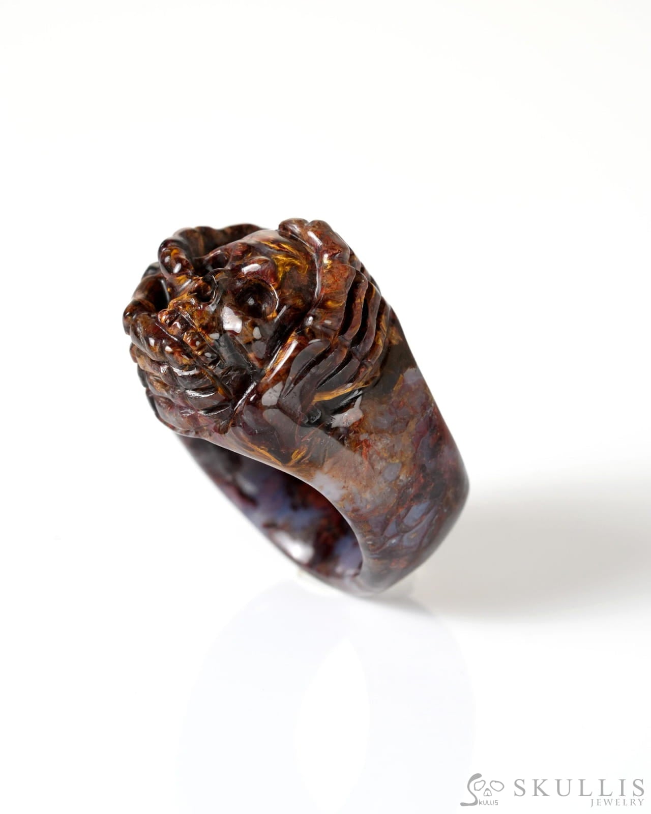 Gem Skull Ring of Pietersite Carved Skeletal Hands Skull US size 8 - 9800277 Skull Rings