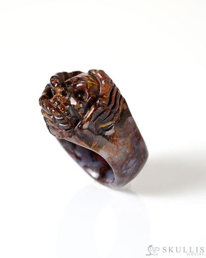 Gem Skull Ring of Pietersite Carved Skeletal Hands Skull US size 8 - 9800277 Skull Rings
