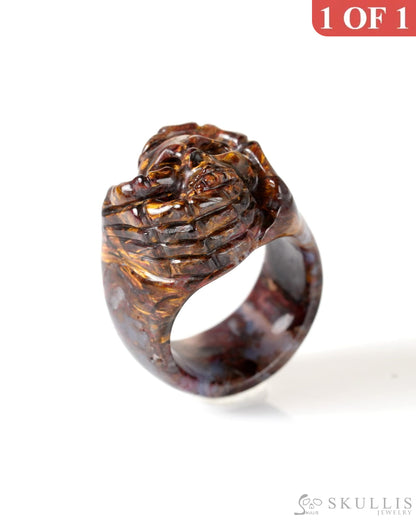 Gem Skull Ring of Pietersite Carved Skeletal Hands Skull US size 8 - 9800277 Skull Rings