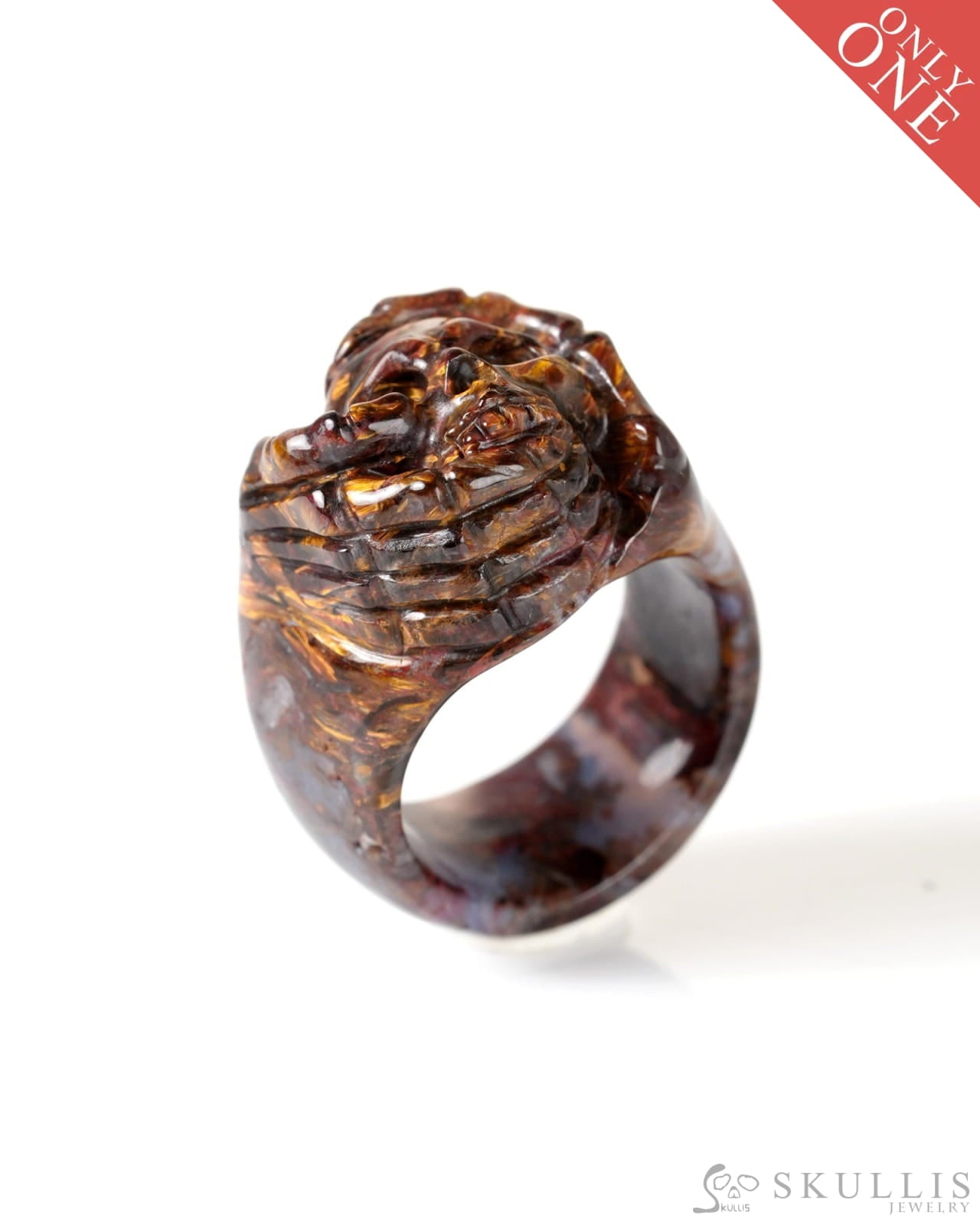 Gem Skull Ring of Pietersite Carved Skeletal Hands Skull US size 8 - 9800277 Skull Rings