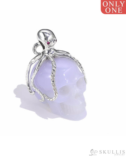 Gem Skull Pendant Necklace Of Blue Chalcedony Crystal Carved Skull With Detachable Silver