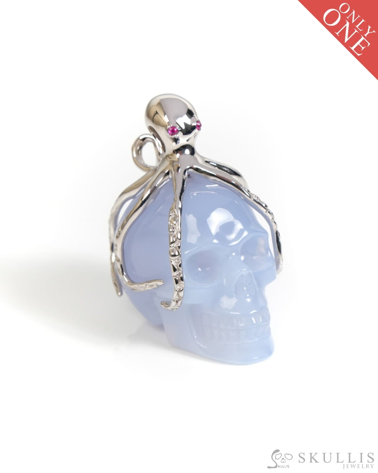 Gem Skull Pendant Necklace of Blue Chalcedony Carved Skull with Ruby Eyes Octopus in 925 Sterling Silver - ZR19900059