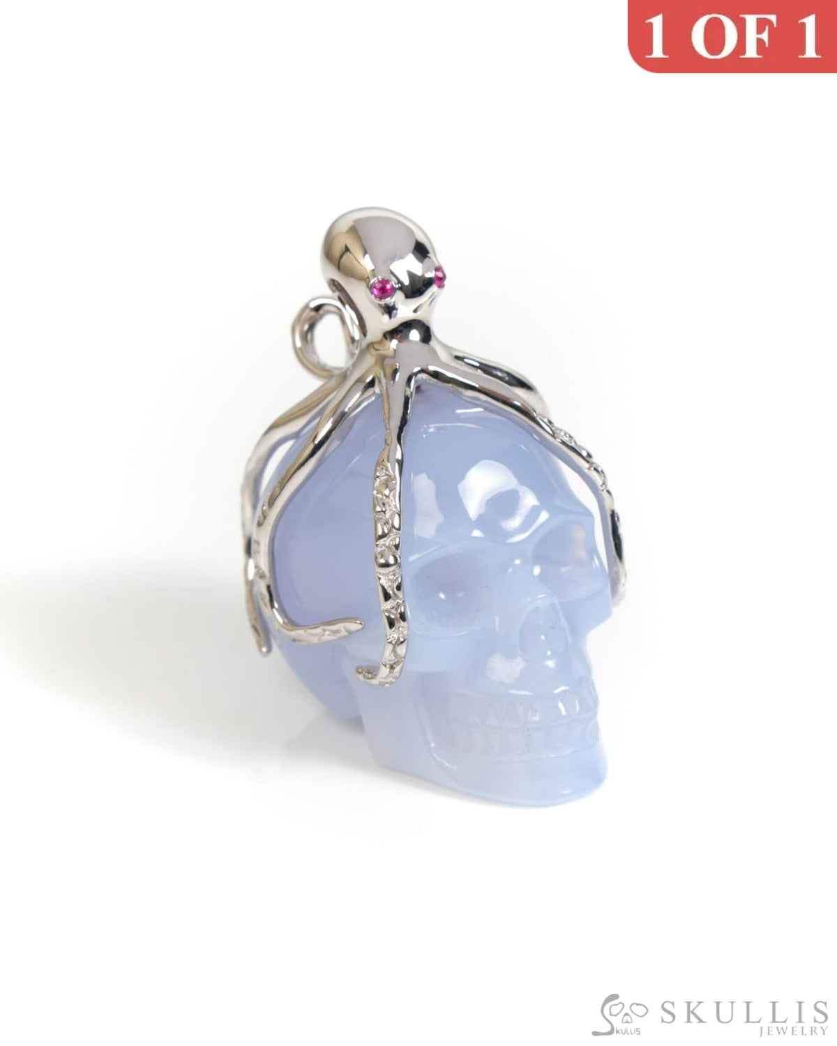 Gem Skull Pendant Necklace of Blue Chalcedony Carved Skull with Ruby Eyes Octopus in 925 Sterling Silver - ZR19900059