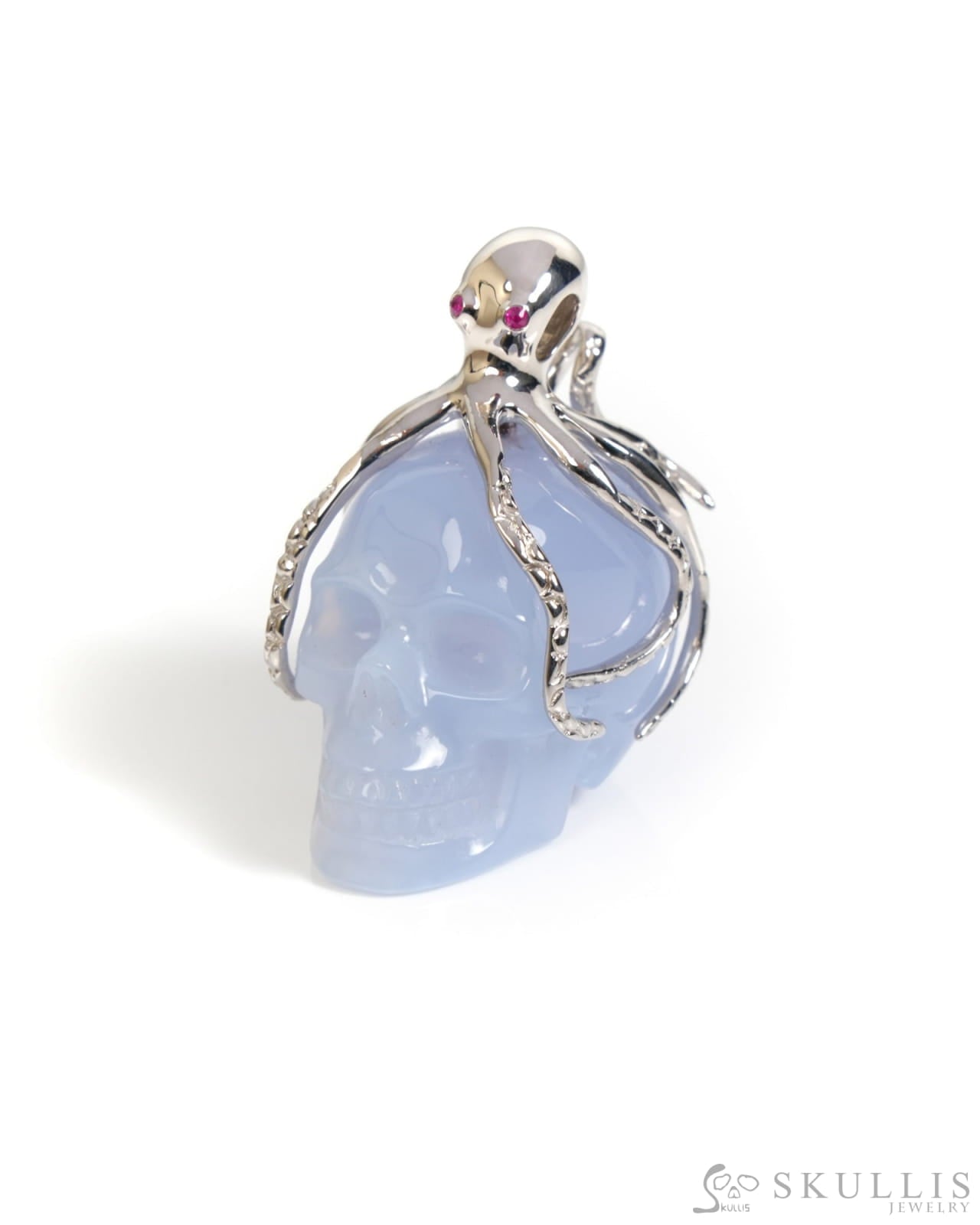 Gem Skull Pendant Necklace of Blue Chalcedony Carved Skull with Ruby Eyes Octopus in 925 Sterling Silver - ZR19900059