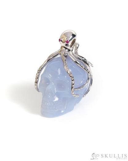 Gem Skull Pendant Necklace of Blue Chalcedony Carved Skull with Ruby Eyes Octopus in 925 Sterling Silver - ZR19900059