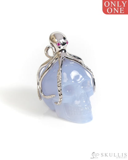 Gem Skull Pendant Necklace of Blue Chalcedony Carved Skull with Ruby Eyes Octopus in 925 Sterling Silver - ZR19900059