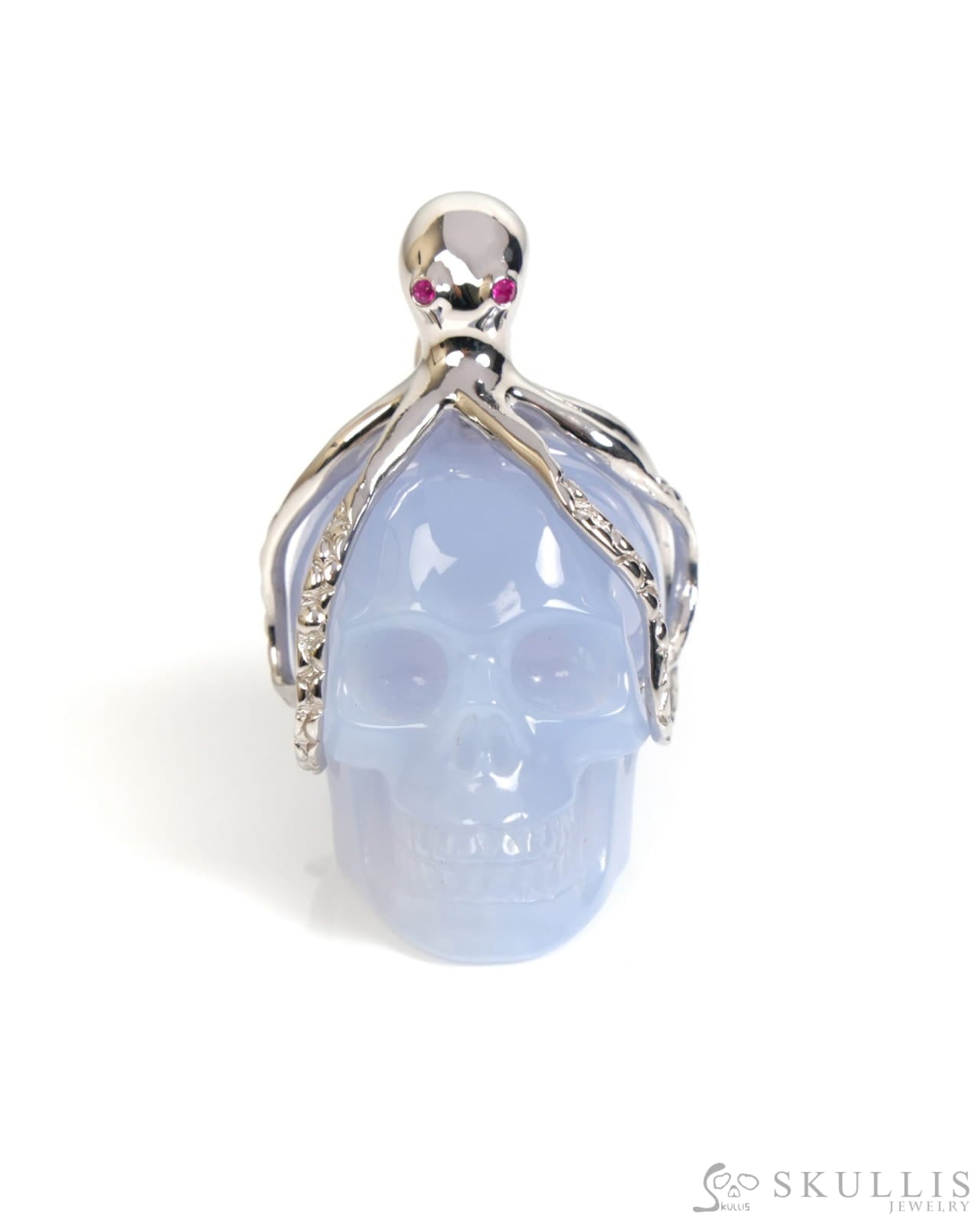 Gem Skull Pendant Necklace of Blue Chalcedony Carved Skull with Ruby Eyes Octopus in 925 Sterling Silver - ZR19900059