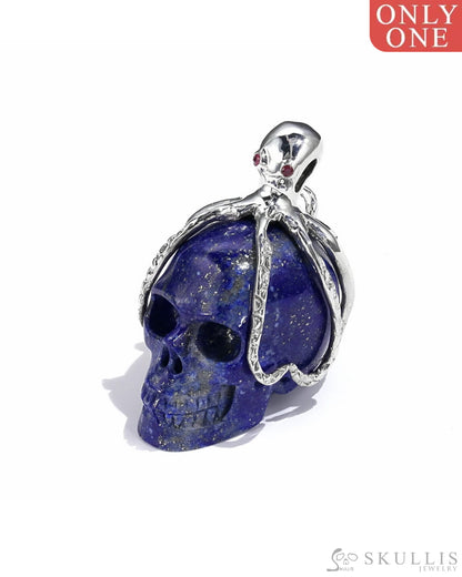 Gem Skull Pendant Necklace Of Lapis Lazuli Crystal Carved Skull With Detachable Silver Jaw