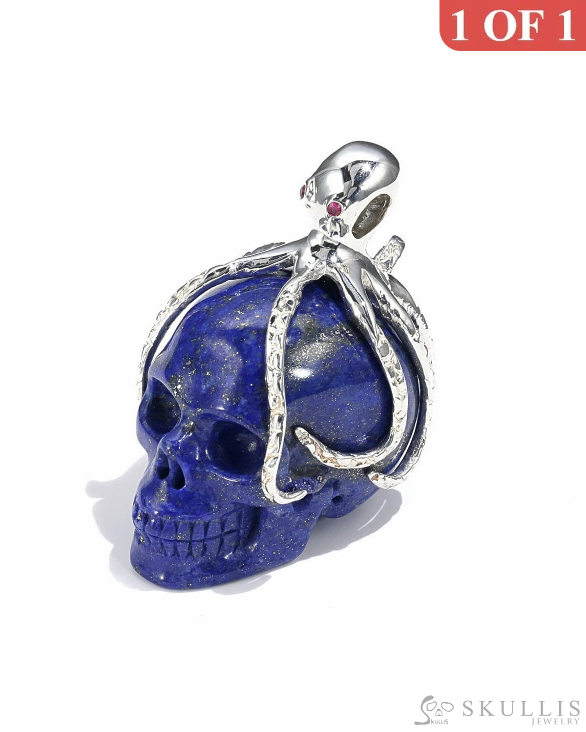 Gem Skull Pendant Necklace Of Lapis Lazuli Crystal Carved Skull With Detachable Silver Jaw