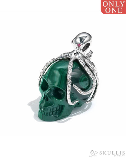 Gem Skull Pendant Necklace Of Malachite Crystal Carved Skull With Detachable Silver Jaw In